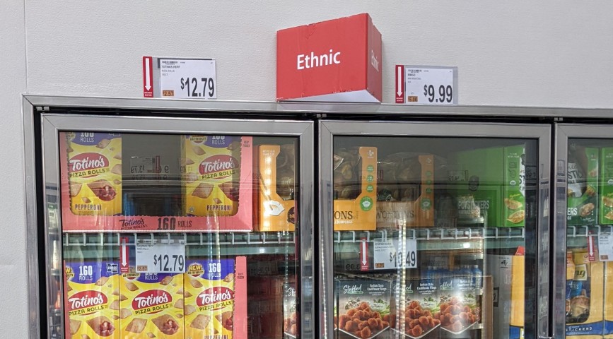 A freezer containing what a sign designates as "ethnic" foods at BJ's Wholesale Club