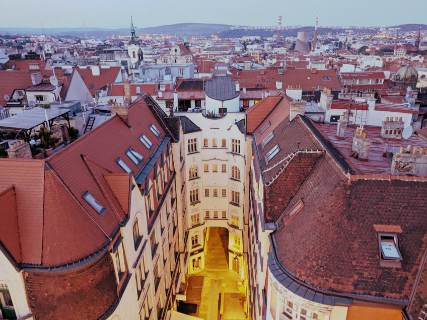 Old Brno rooftops at dusk