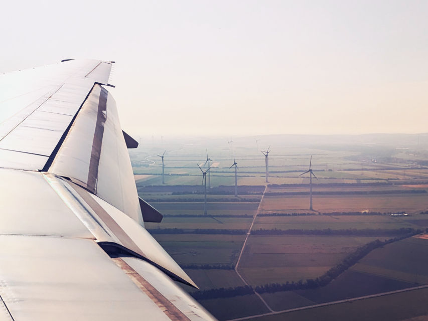 Wind turbines viewed from the approach to Vienna Airport