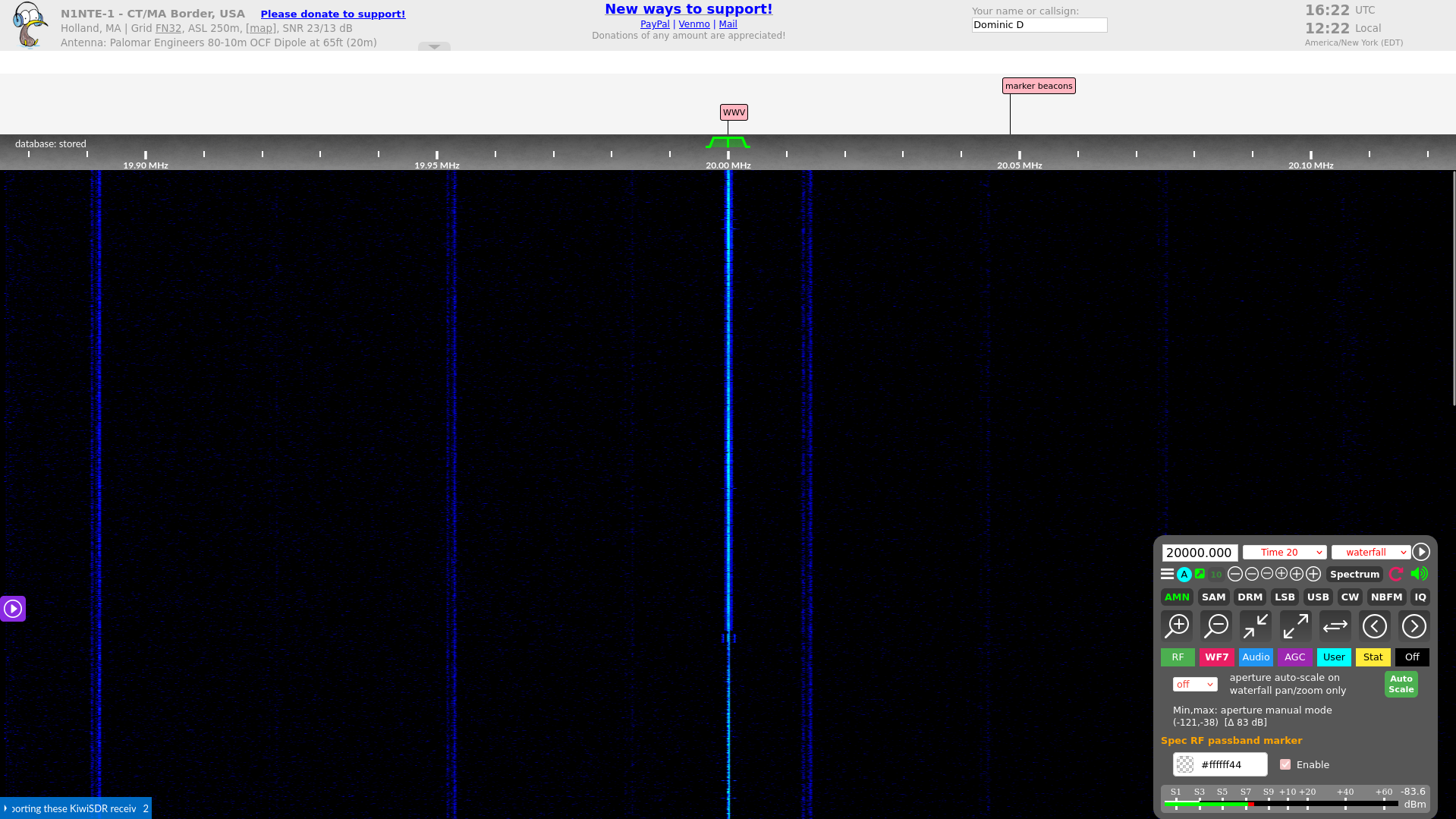 A Kiwi SDR receiver operated by New England ham N1NTE, tuned to United States time station WWV on 20000 kHz