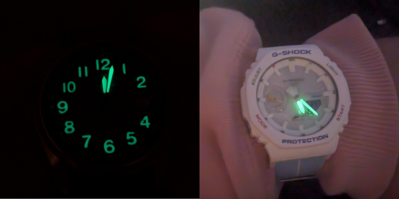 Side-by-side luminescence comparison of the Casio OVW-100 and GA-B2100 watch models