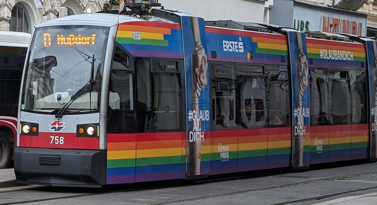 Vienna U-Bahn train in Pride livery, June 2024.