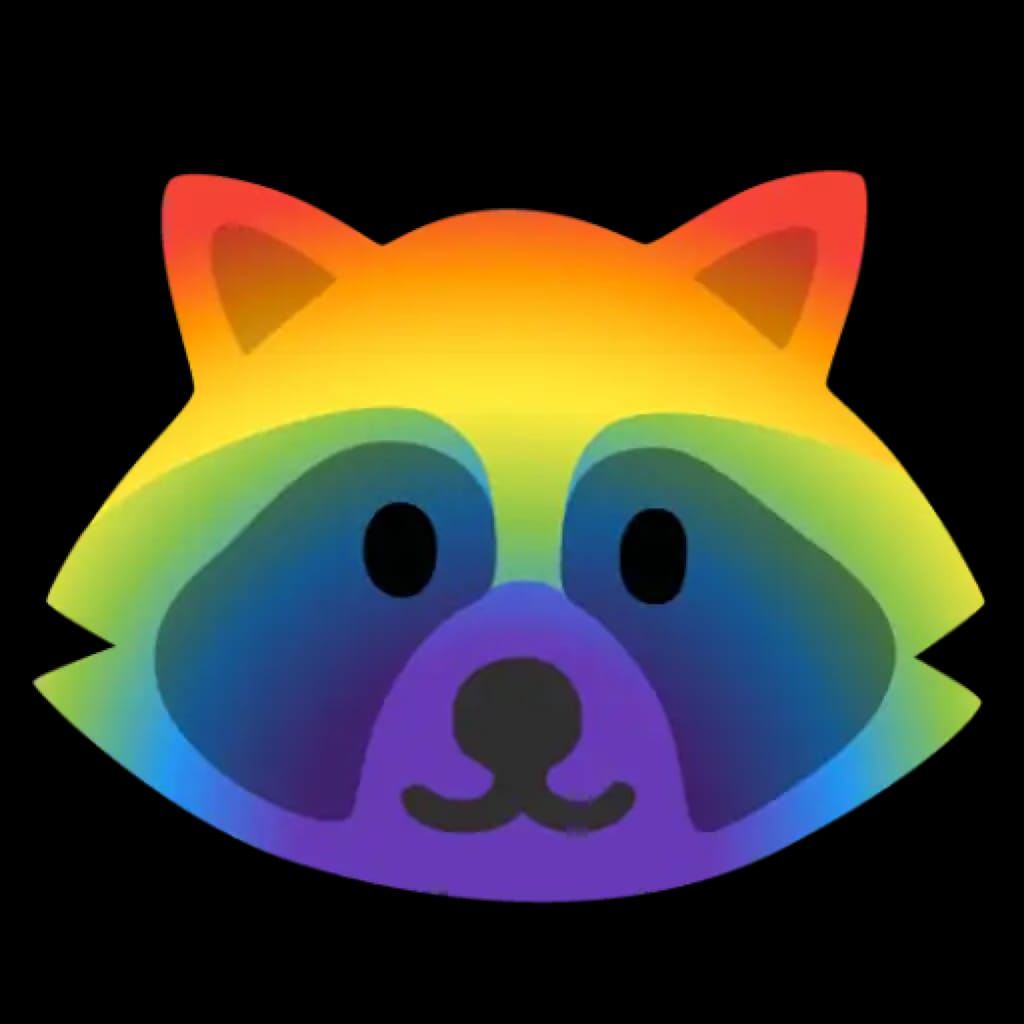 Raccoon emoji rendered in rainbow colors