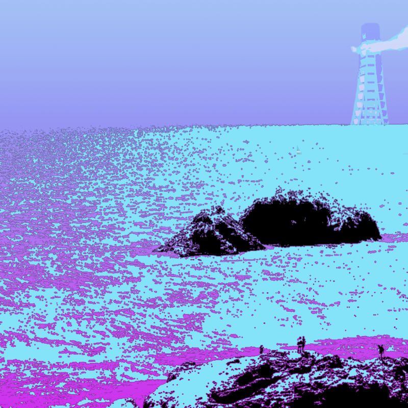 Figures climbing the Seal Rocks in San Francisco, looking out at a strange tower beyond the sea